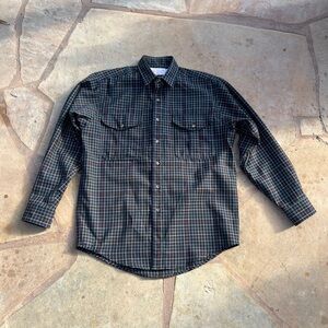 Filson Northwest Wool Shirt Navy Blue Yellow Red Plaid Grid Dress Button Up